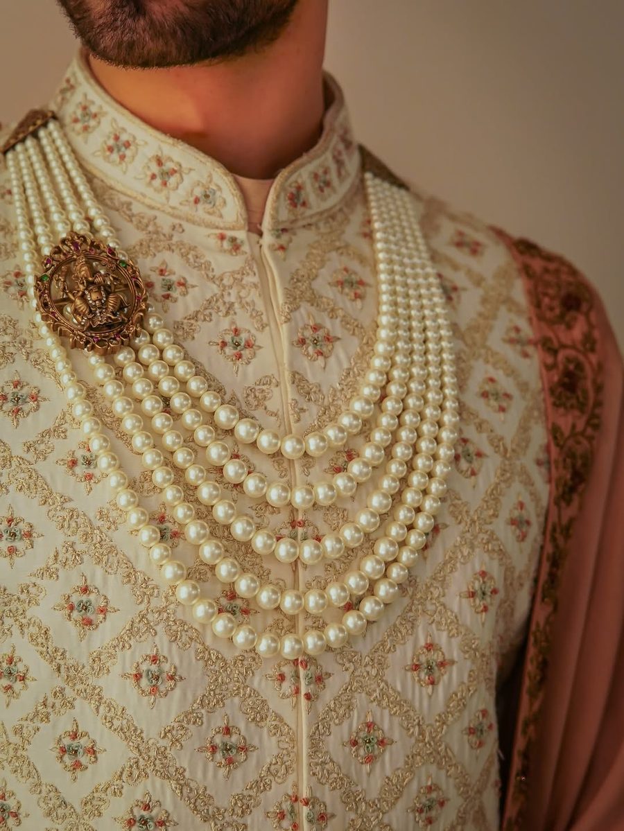 Pearl necklace detail on sherwani