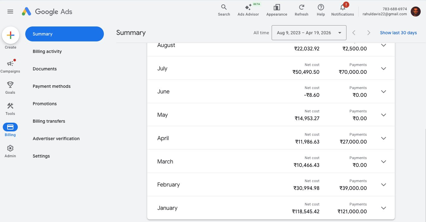 Google Ads verified monthly billing summary