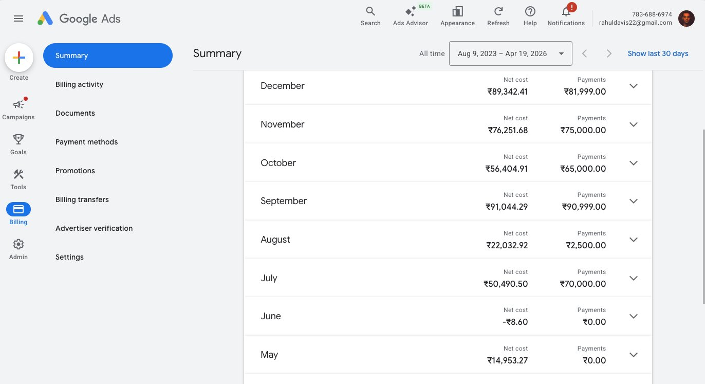 Google Ads billing summary showing consistent campaign management